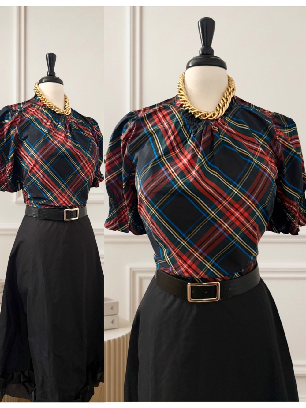 NWT J Crew Plaid Puff-Sleeve Mock Neck Blouse Black Red Tartan Preppy Holiday